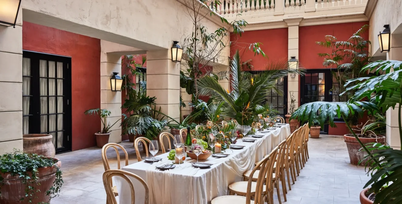 A long white banquet table is set for an outdoor dinner party in a lush, Mediterranean-style hotel courtyard.