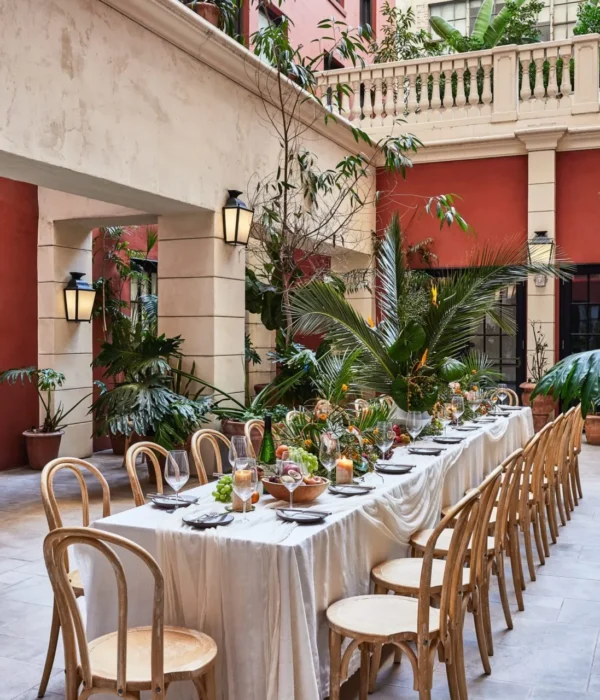 A long white banquet table is set for an outdoor dinner party in a lush, Mediterranean-style hotel courtyard.