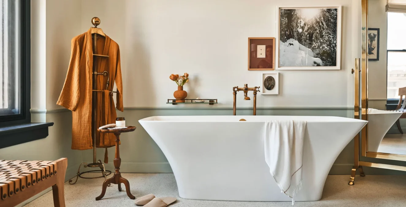 A white freestanding tub and waffle-knit robe in a bright suite at Hotel Per La in downtown Los Angeles.