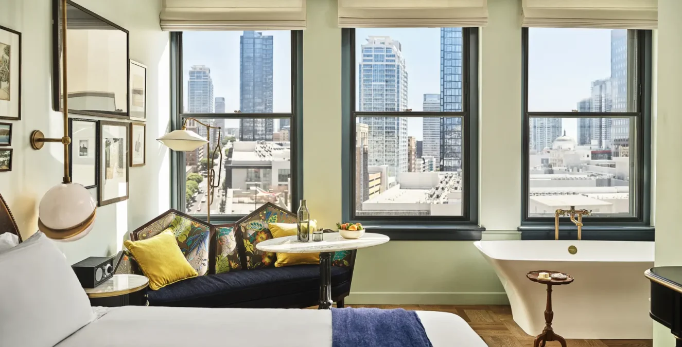 Stay in luxury hotel suites in Los Angeles with soaking tubs and panoramic downtown skyline views.