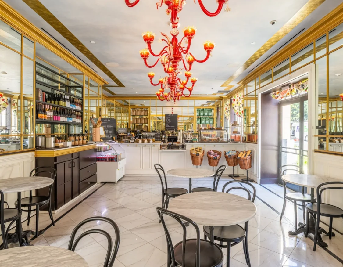 Marble tables and red chandeliers define the elegant Cafe Ora at this boutique hotel in Los Angeles.
