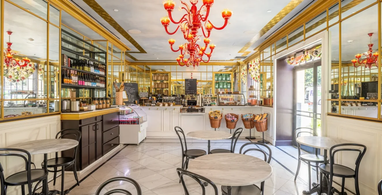 Marble tables and red chandeliers define the elegant Cafe Ora at this boutique hotel in Los Angeles.