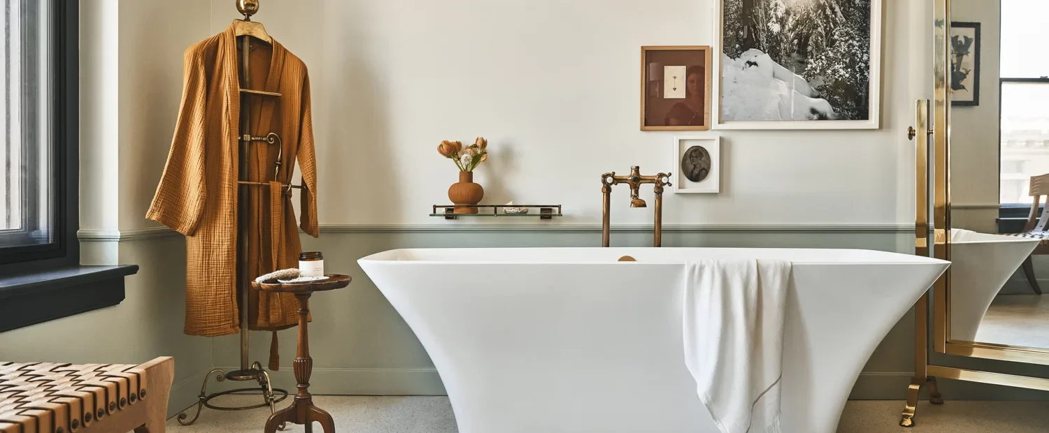 A modern freestanding bathtub with a plush robe and artistic decor in a luxury suite at Hotel Per La.