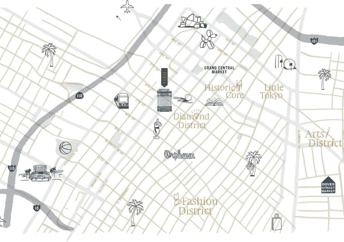 A stylized map highlighting districts and landmarks near our boutique hotel in downtown Los Angeles.