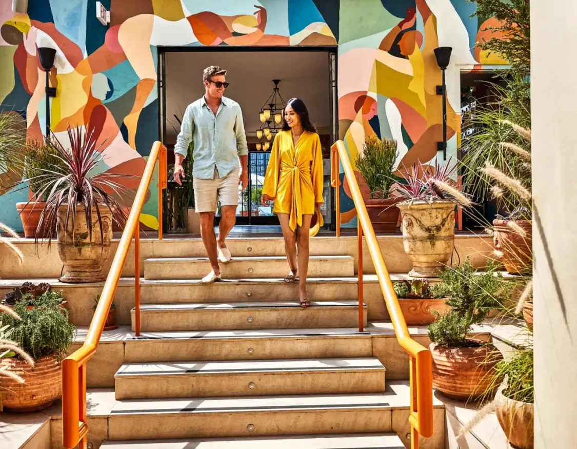 A couple walks down steps framed by a colorful mural at the Bar Clara rooftop bar in Los Angeles.