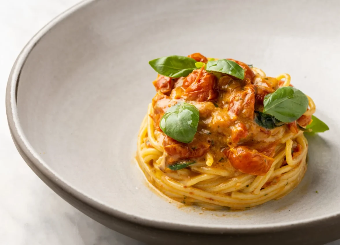 Freshly plated spaghetti with rich tomato sauce and basil at Ristorante Per L'Ora, an Italian restaurant in Los Angeles.