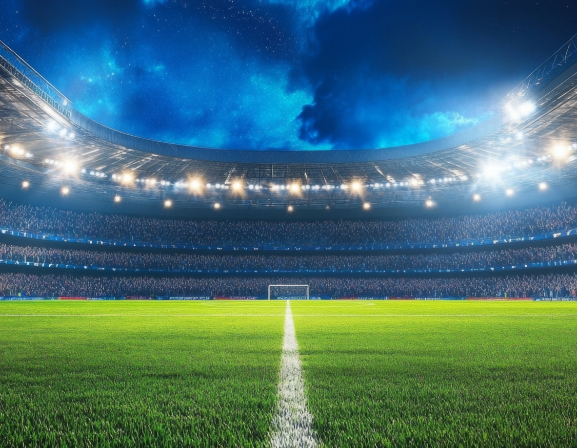 A stadium with bright lights and cheering fans at night