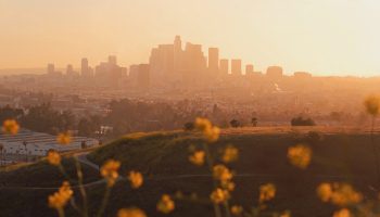view of los angeles skyline at sunset