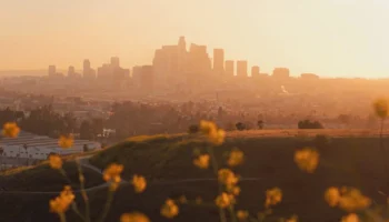 view of los angeles skyline at sunset