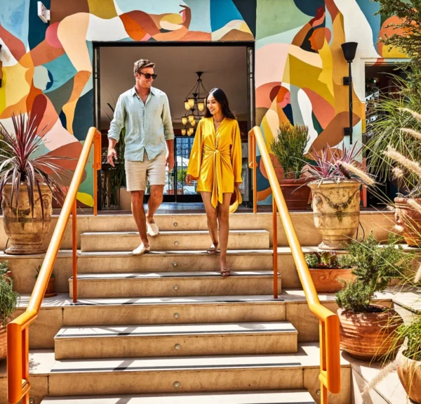 Couple at Bar Clara entrance walking down the steps